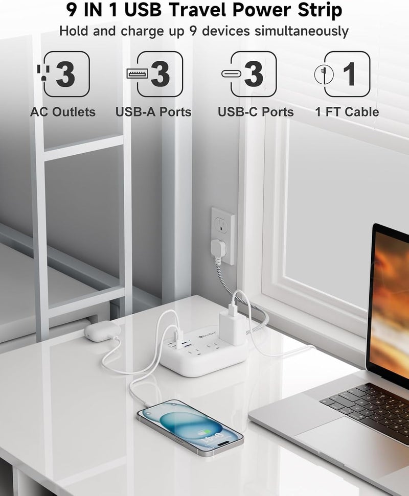 Beeiker Short Extension Cord 1 Ft- 6 USB(3 USB C) Travel Power Strip with 24W USB Charging Station and 3 Outlets, 1Ft Small Flat Plug Extension Cord Surge Protector for Travel Home College Dorm 1625W - Image 3